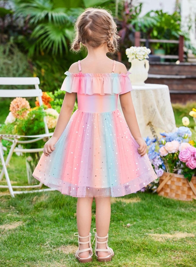 Arshiner Girl Tulle Dresses Toddler Glitter Dress Off Shoulder Flutter Formal Birthday Party Princess Rainbow Dress Toddler Girls Size 6 Dresses - Image 4