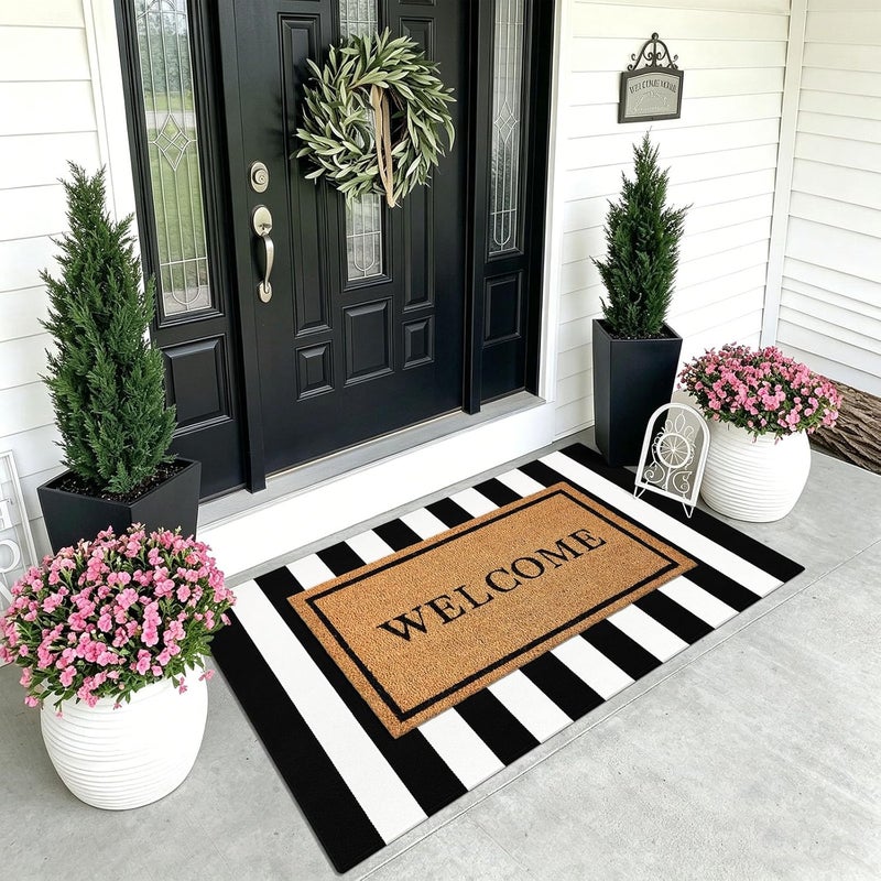 KOZYFLY Black and White Striped Area Rug 3x5 Ft Front Door Rug Hand Woven Cotton Washable Outdoor Doormats Outdoor Entrance Mat for Front Door Kitchen Entryway Patio Front Porch Decor - Image 2