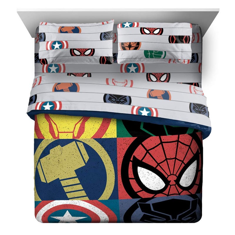 Jay Franco Jay Franco Marvel Avengers Emblems 7 Piece Queen Bed Set  Includes Comforter  Sheet Set Bedding  Super Soft Fade Resistant Microfiber Official Marvel Product 