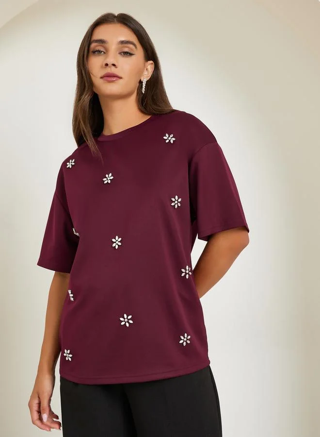 Styli Burgundy Embellished Oversized T-Shirt