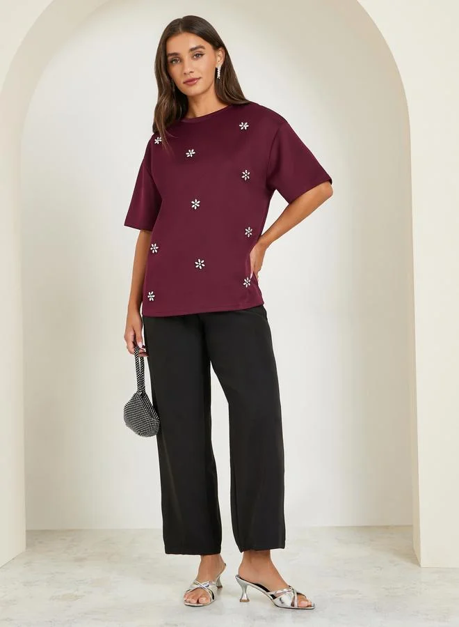 Styli Burgundy Embellished Oversized T-Shirt