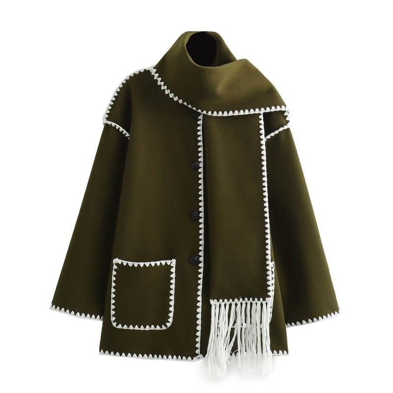 ZA cross-border womens clothing wholesale European and American style scarf stitching casual woolen coat fashion Joker loose woolen coat olive green 