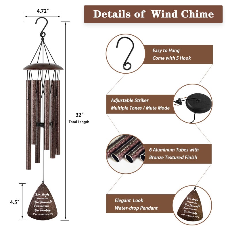 Soopau Gifts for Best Friend Women Men, 32" Bronze Wind Chimes Friendship Gifts, Bestie Gift for Women, Christmas Birthday Gift Idea for Bestfriend BFF - Image 4