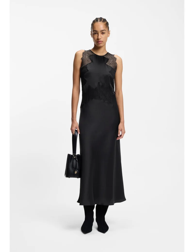 BOSS Seersucker-satin dress with lace trims