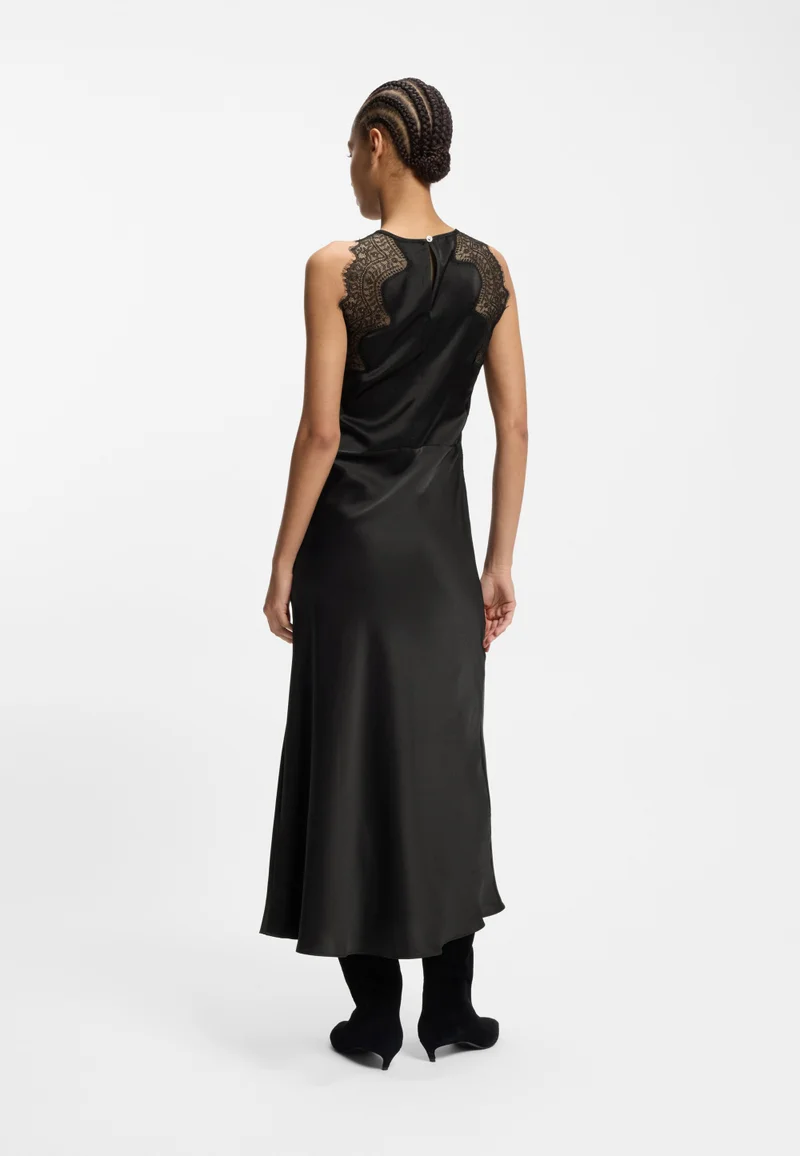 BOSS Seersucker-satin dress with lace trims
