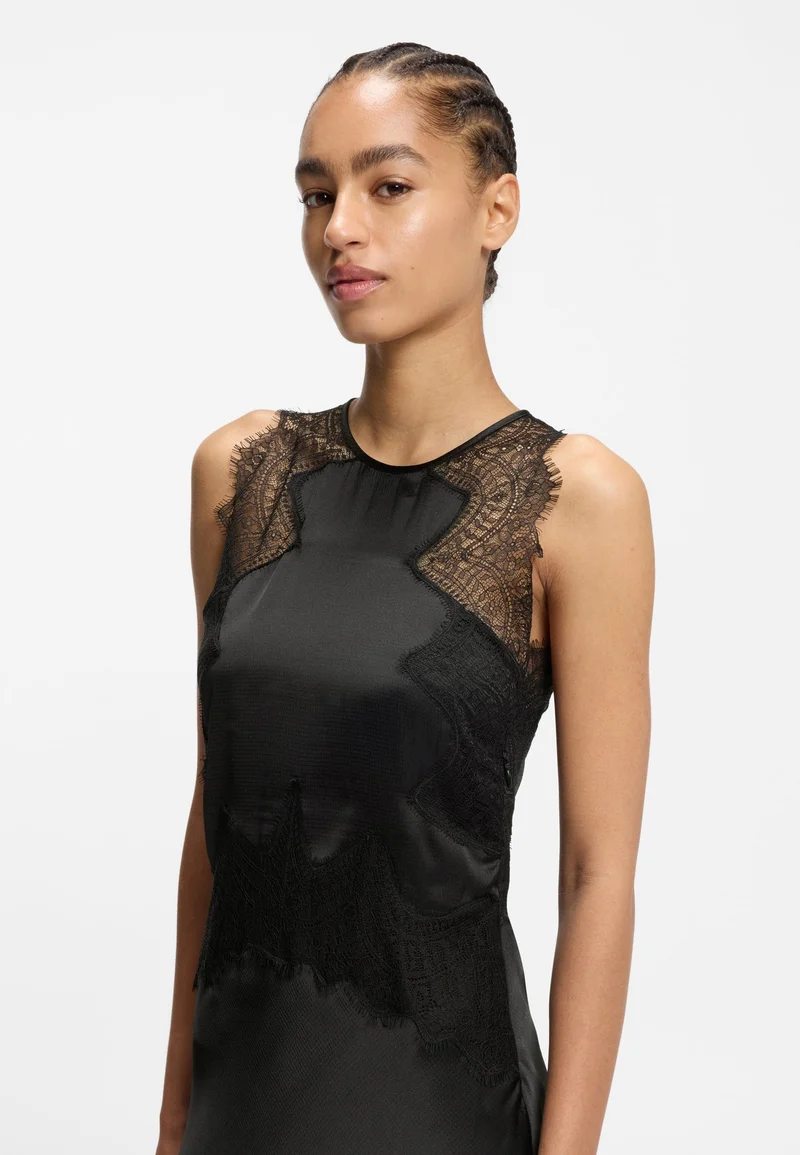BOSS Seersucker-satin dress with lace trims