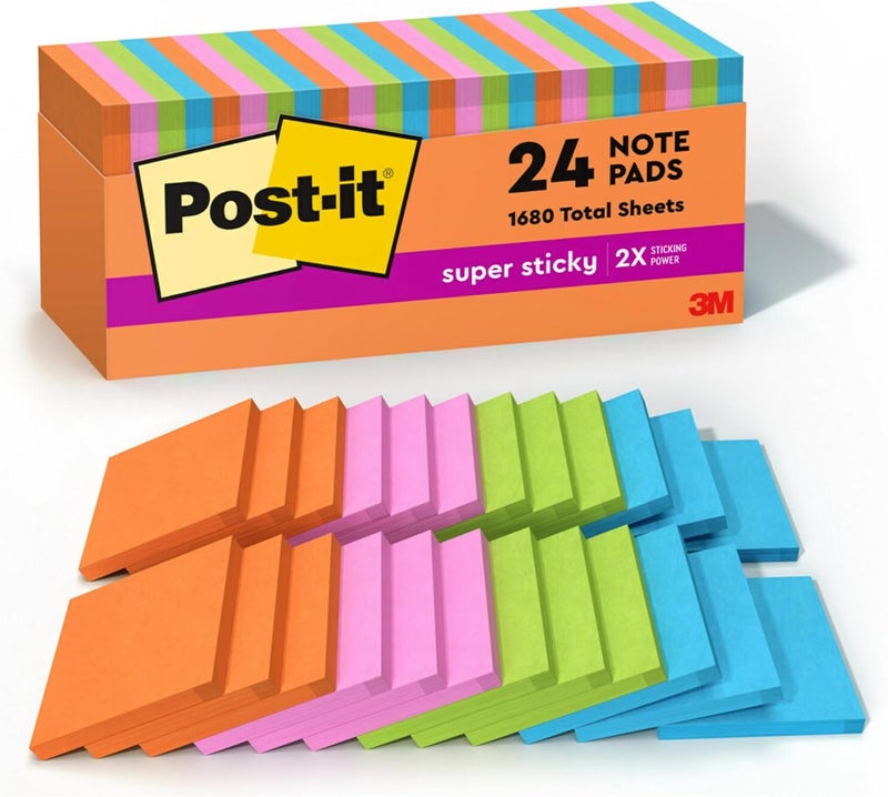 Post It Super Sticky Notes, 24 Sticky Note Pads, 3 x 3 in., Ideal for Organization in Your Dorm, Home or Office, Energy Boost Collection - Image 1