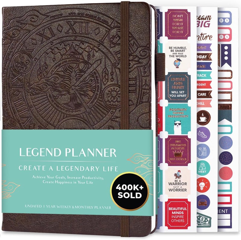 Legend Planner – مخطط أسبوعي وشهري فاخر لتحقيق أهدافك والعيش بسعادة أكبر. دفتر تنظيم ومفكرة إنتاجية. غلاف مقوى A5، غير مؤرخ – ابدأ في أي وقت + ملصقات – بني داكن - Image 1