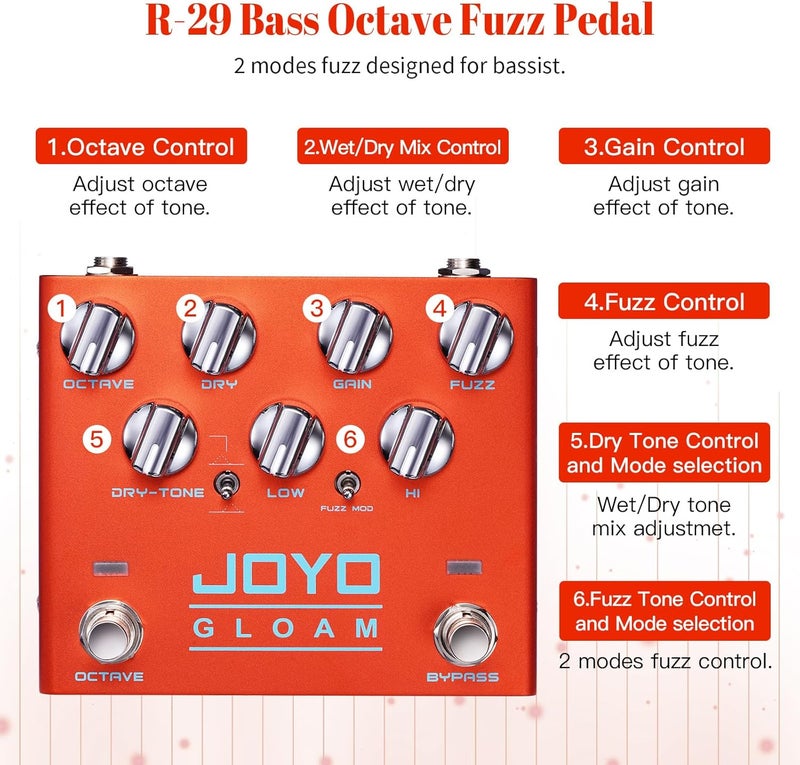 JOYO Bass Guitar Pedals Octave Fuzz Effect Pedal High Gain with Dual Independent Footswitch for Bassist Electric Guitar Bass (GLOAM R-29) - Image 2
