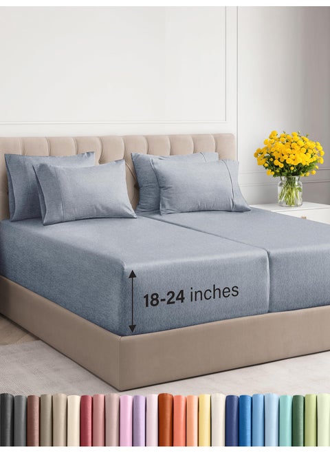Extra Deep Split King Sheet Set - 7 Piece Breathable & Cooling Sheets - Hotel Luxury Bed Sheets Set - Easy Fit - Soft  Wrinkle Free & Comfy Sheets Set - Heathered Blue Sheet Set w/Extra Deep Pockets
