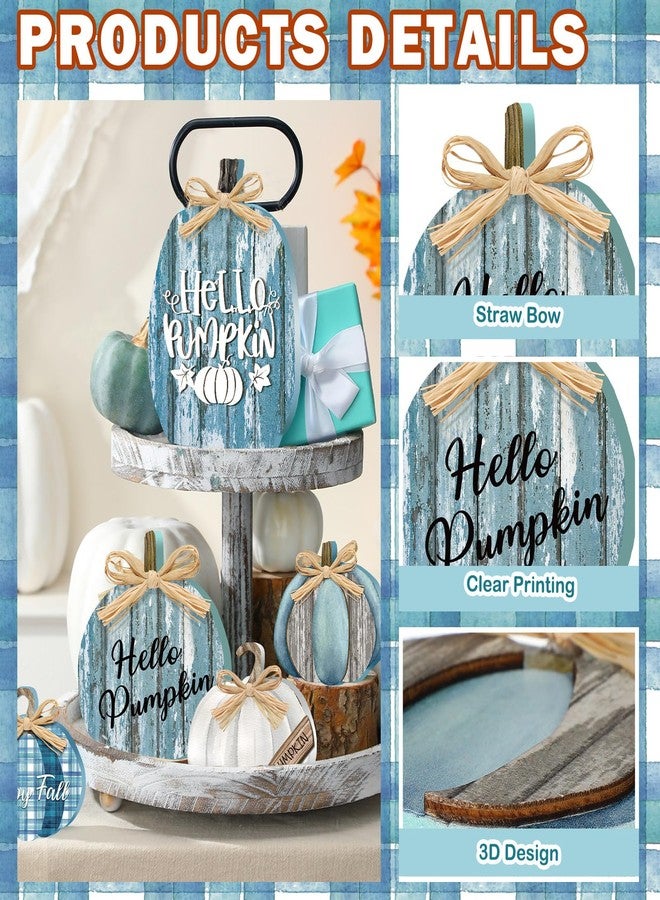GlikCeil 5 Pcs Fall Blue Pumpkin Decor for Home Thanksgiving Wooden Table Centerpiece Decorations Fall Wooden Pumpkin Signs for Autumn Farmhouse Home Living Room Kitchen Mantle Tabletop Supplies - Image 3