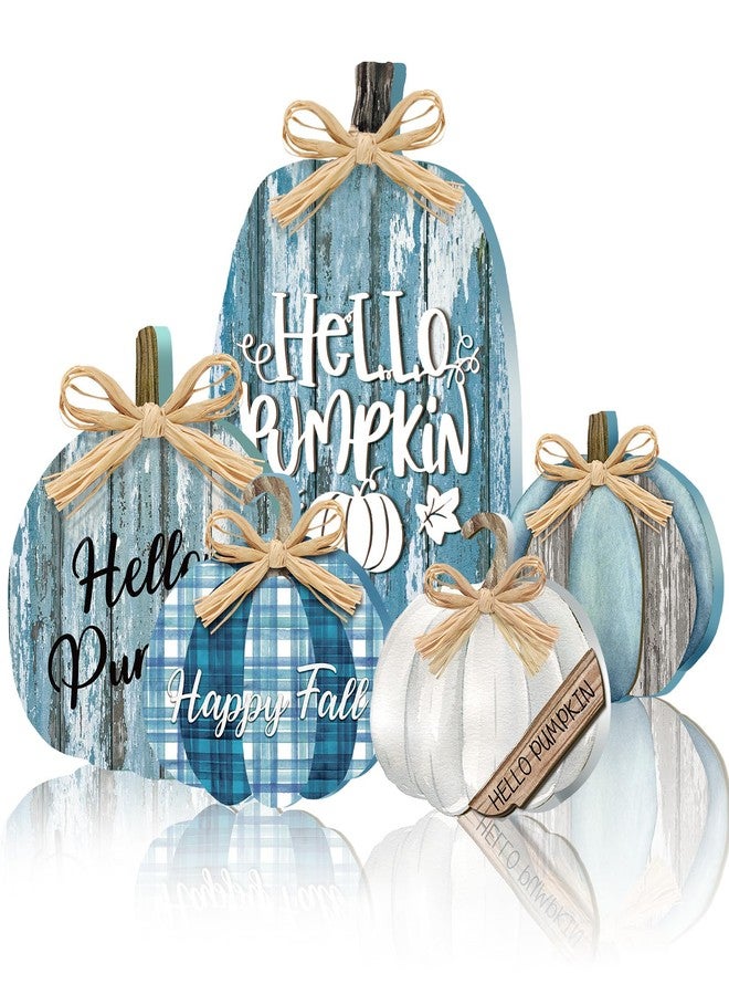 GlikCeil 5 Pcs Fall Blue Pumpkin Decor for Home Thanksgiving Wooden Table Centerpiece Decorations Fall Wooden Pumpkin Signs for Autumn Farmhouse Home Living Room Kitchen Mantle Tabletop Supplies - Image 1