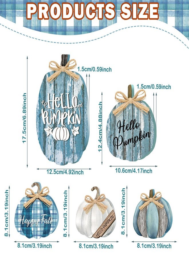 GlikCeil 5 Pcs Fall Blue Pumpkin Decor for Home Thanksgiving Wooden Table Centerpiece Decorations Fall Wooden Pumpkin Signs for Autumn Farmhouse Home Living Room Kitchen Mantle Tabletop Supplies - Image 2