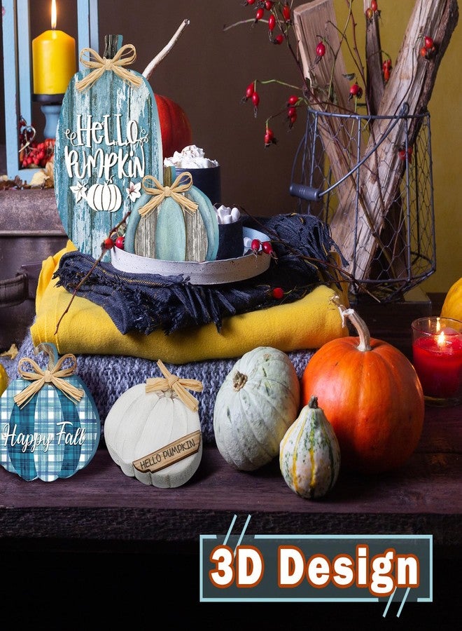 GlikCeil 5 Pcs Fall Blue Pumpkin Decor for Home Thanksgiving Wooden Table Centerpiece Decorations Fall Wooden Pumpkin Signs for Autumn Farmhouse Home Living Room Kitchen Mantle Tabletop Supplies - Image 4