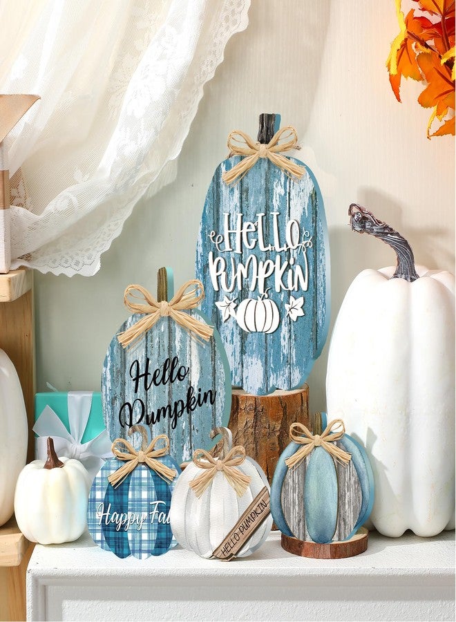 GlikCeil 5 Pcs Fall Blue Pumpkin Decor for Home Thanksgiving Wooden Table Centerpiece Decorations Fall Wooden Pumpkin Signs for Autumn Farmhouse Home Living Room Kitchen Mantle Tabletop Supplies - Image 5
