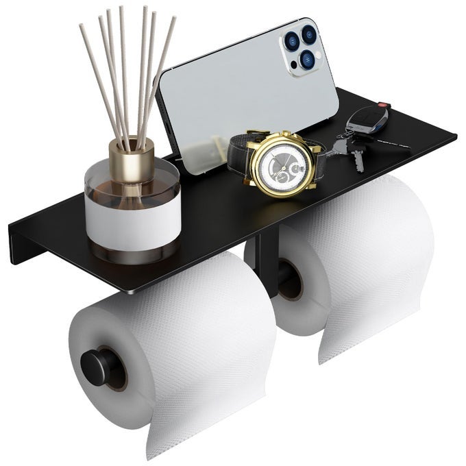 MATTE BLACK TOILET PAPER HOLDER WITH SHELF WALLMOUNTED BATHROOM ORGANIZER DOUBLE ROLL