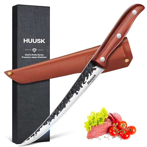 Huusk Fillet Knife for Meat Hand Forged Boning Knives 7 Inch Fish Filet Brisket Trimming Knife with Leather Sheath Japanese Butcher Knife for Fish Chincken Gift for Dad - Image 1