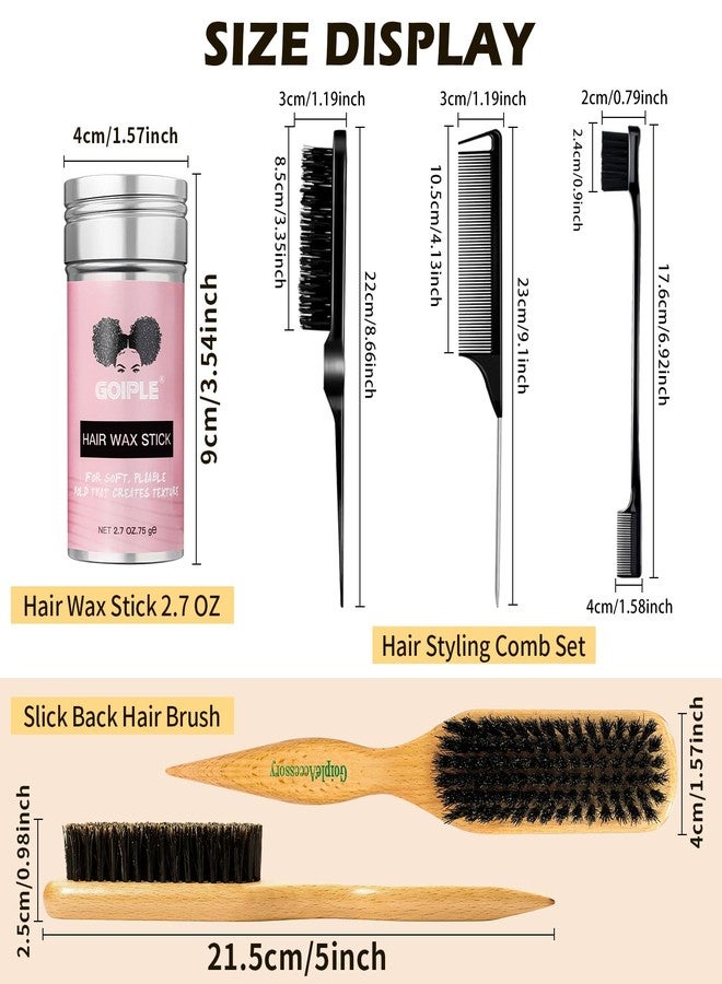 Goiple Slick Back Hair Brush Set Teasing Boar Bristle Brush, Hair Wax Stick, Edge Brushes, Rat Tail Comb, Teasing Comb, Wooden Slickback Hairbrush Accessories, Smoothing Combs for Women & Kids (5PCS) - Image 4