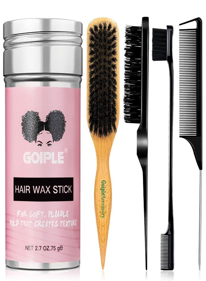 Goiple Slick Back Hair Brush Set Teasing Boar Bristle Brush, Hair Wax Stick, Edge Brushes, Rat Tail Comb, Teasing Comb, Wooden Slickback Hairbrush Accessories, Smoothing Combs for Women & Kids (5PCS) - Image 1