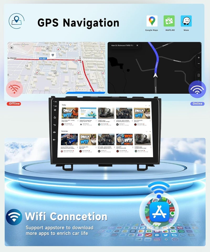 Podofo 8 CORE 6G+128G Car Radio Stereo for Honda CRV 2007-2011 with Wireless CarPlay Android Auto, 9 Inch IPS Touch Screen Android 13 GPS WiFi 32-Band DSP Bluetooth SWC AHD Backup Camera - Image 4