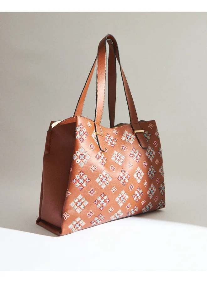Chumbak Vintage Cross Stitch Tote -Tan