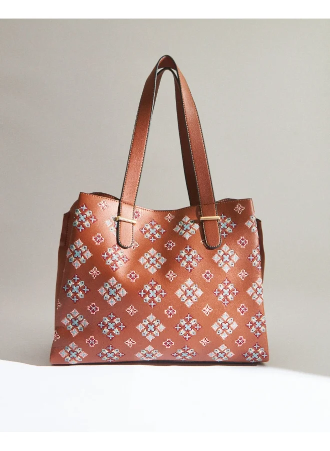 تشامباك Vintage Cross Stitch Tote -Tan