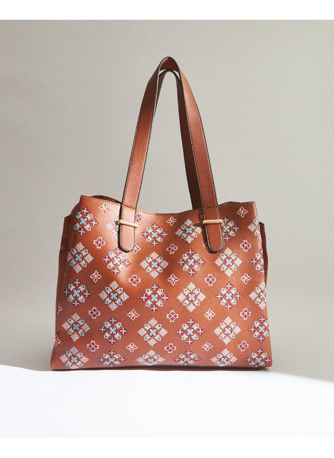 Chumbak Vintage Cross Stitch Tote -Tan  - Image 2
