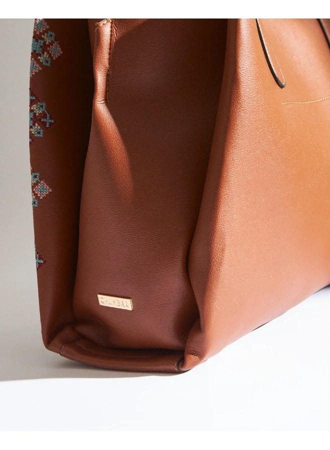 Chumbak Vintage Cross Stitch Tote -Tan