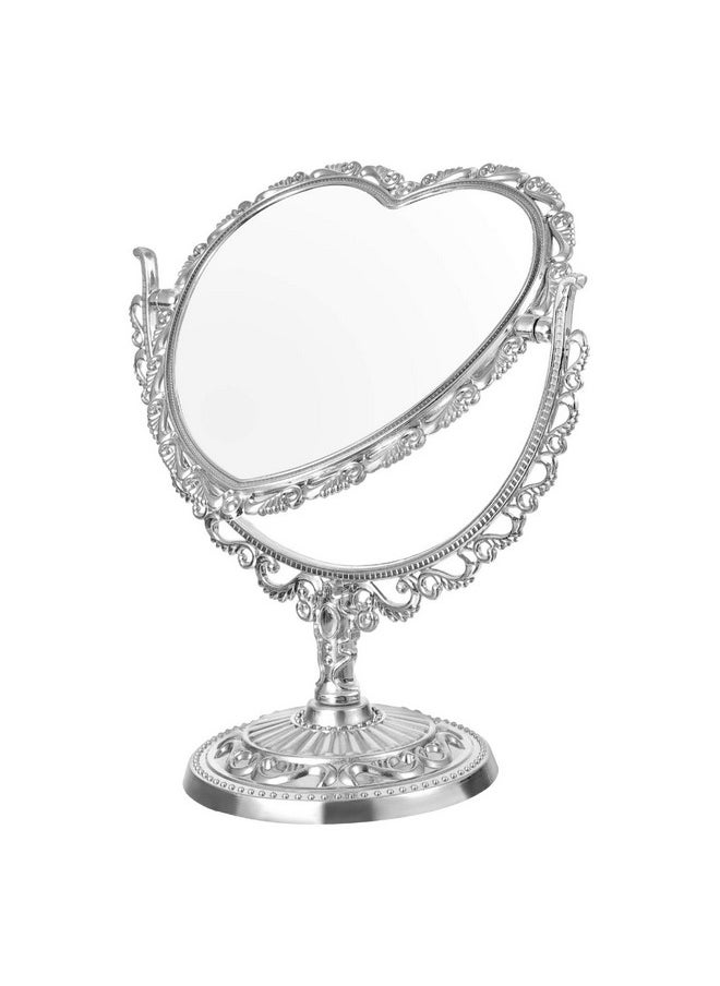Beaupretty Heart Vanity Mirror Two Sided Swivel Tabletop Makeup Mirror European Love Double Face Princess Mirror For Desk Dresser Beauty Use Silver  - Image 1