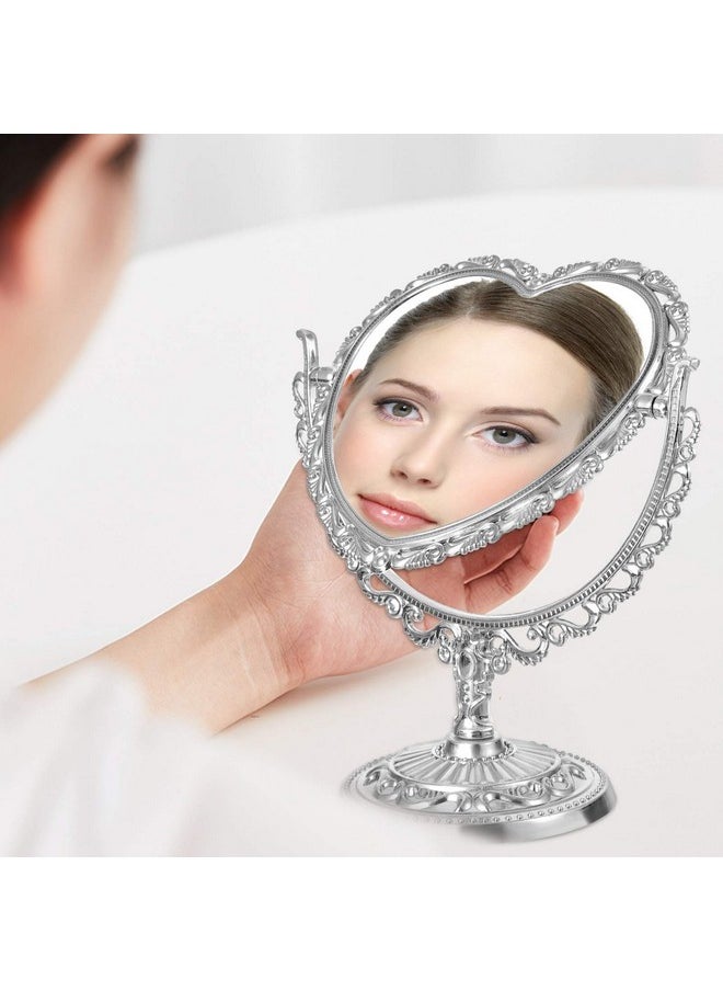 Beaupretty Heart Vanity Mirror Two Sided Swivel Tabletop Makeup Mirror European Love Double Face Princess Mirror For Desk Dresser Beauty Use Silver  - Image 4