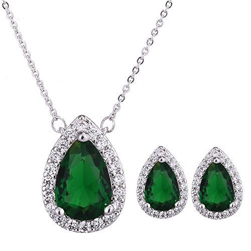 AMYJANE Emerald Jewelry Set for Women - Silver Green Crystal Rhinestone CZ Teardrop Pendant Necklace Earrings Set for Women Bridesmaid Bride Bridal Jewelry May Birthstone Necklace Set - Image 1