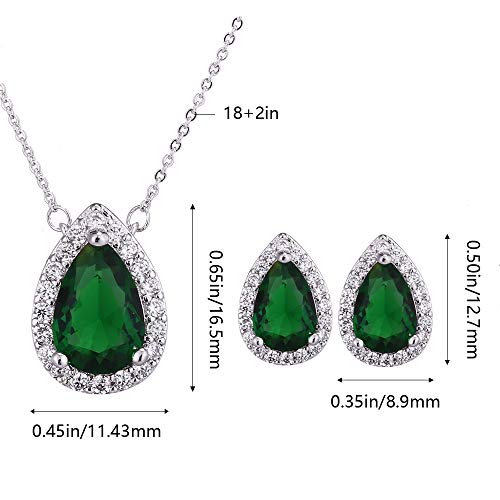 AMYJANE Emerald Jewelry Set for Women - Silver Green Crystal Rhinestone CZ Teardrop Pendant Necklace Earrings Set for Women Bridesmaid Bride Bridal Jewelry May Birthstone Necklace Set - Image 4