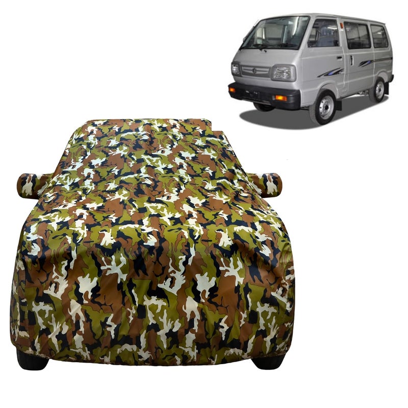 VYAS 100% Waterproof Car Body Cover for Maruti Suzuki Omni (2003-2019) with Mirror Pocket Triple Stitched Belt & Buckle Fitting Dual Elastic, Durable Material Jungle Print Camouflage Design - Image 1