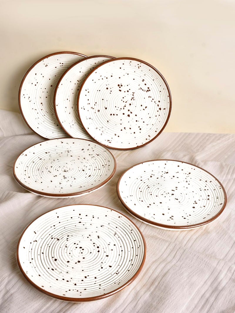 StyleMyWay Ribbed Ceramic Quarter Plates with Brown Speckles (7 inches, Set of 6, Off White) | Dishwasher Safe Small Side Plates | Microwave Safe Snack Plates for Party - Image 1