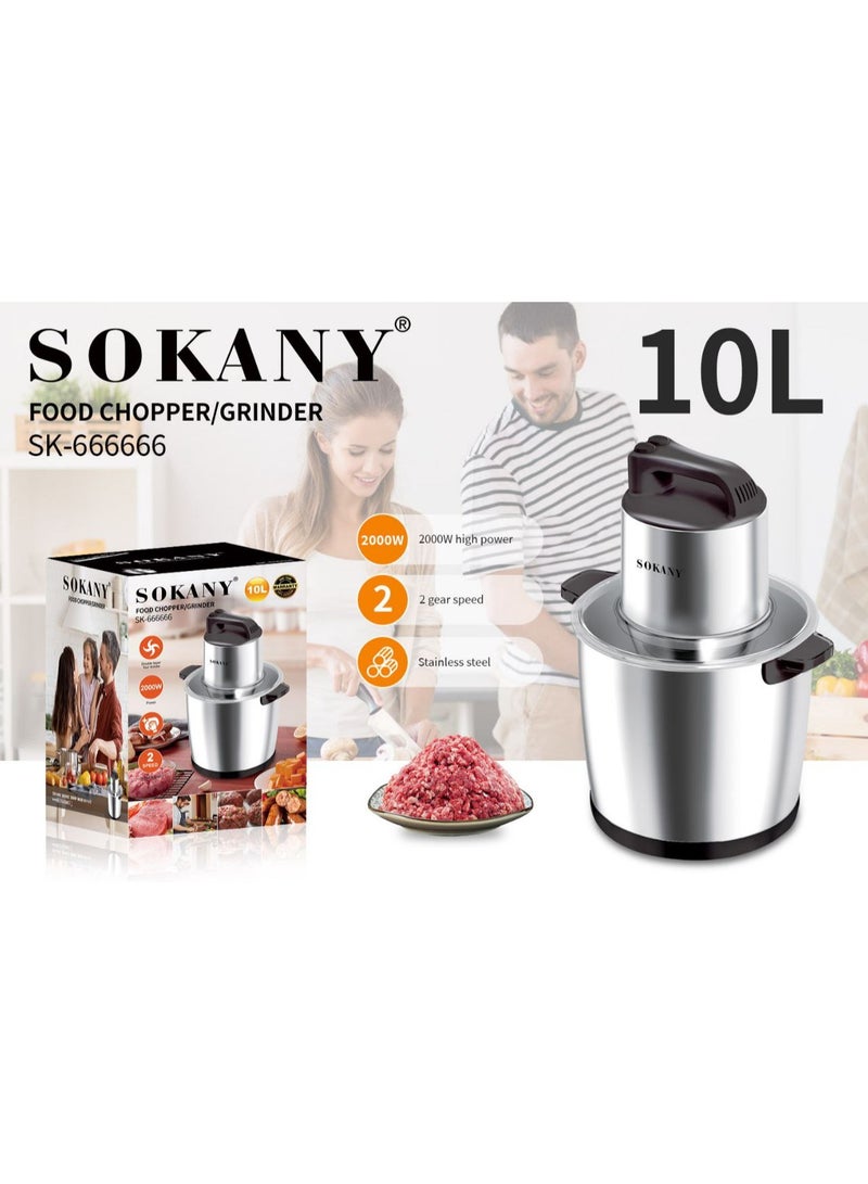 Sokany 10L 2000W Stainless Steel Meat and Vegetable Chopper and Food Processor + 2 Blades, Model SK 666666, Silver Allows you to handle large quantities of ingredients with ease, ideal for meal preparation and commercial kitchen use. Durable Stainless Steel Construction: This food processor is made from premium stainless steel, not only is it stylish and sturdy but it is also designed to withstand the demands of heavy-duty processing, ensuring longevity and consistent performance. Versatile Processing with Dual Blades: Equipped with two sharp and efficient blades, Safety First Design: The Sokany food processor features a secure locking lid and non-slip feet, providing stability and safety during operation, - Image 1