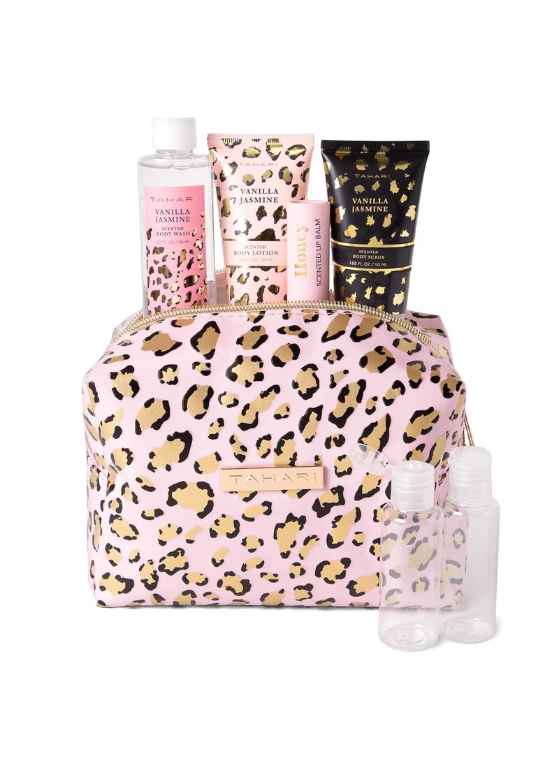 VOTUM Tahari Vanilla Jasmine Spa Gift Set for Women  Luxurious Bath Kit with Body Lotion Body Scrub Body Wash  Lip Balm with Bag  Perfect Selfcare Gifts for Women Leopard 
