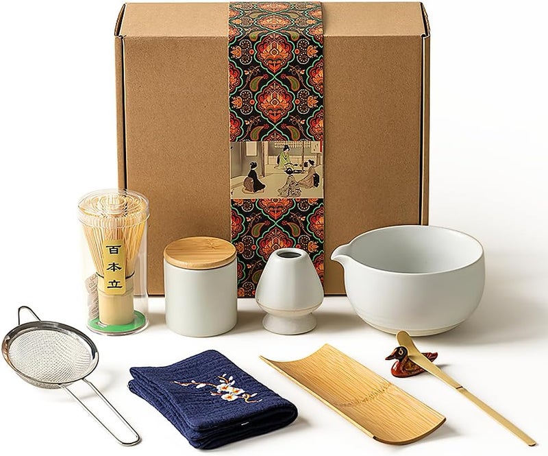 NIERBO 9 Pcs Matcha Tea Kit: Whisk, Matcha Bowl, Whisk & Stand, Spoon & Spoon Holder, Tea Puller, Stainless Steel Sieve, Square Tissue, Powdered Tea Can (White) - Image 1
