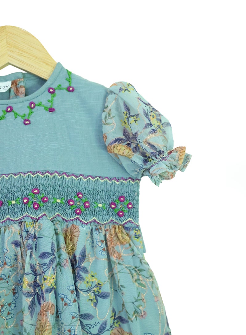كيدابهو فستان أطفال سموكيد للبنات - أحلام الأزهار الزرقاء - Image 2