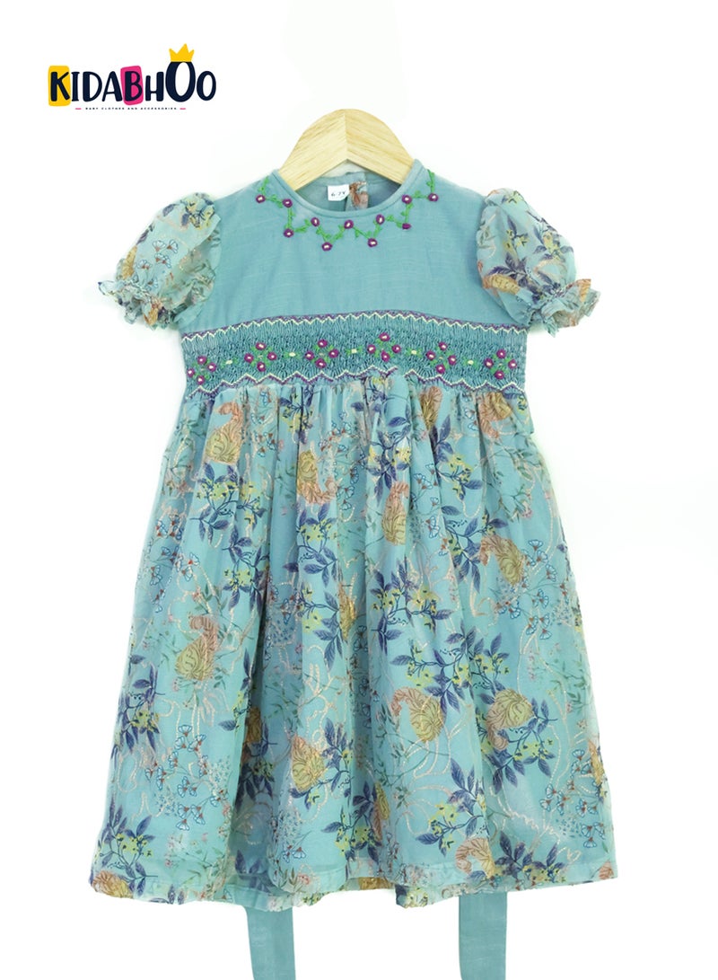 كيدابهو فستان أطفال سموكيد للبنات - أحلام الأزهار الزرقاء - Image 1