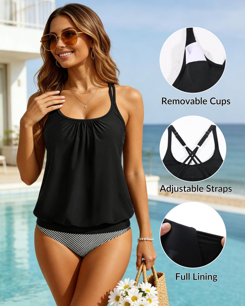 Yonique Blouson Tankini Tops for Women Swimwear Top Only Modest Tankini Tops Loose Fit Swim Tops No Bottom Black 01 L - Image 4