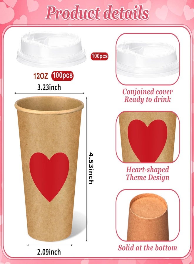 Remerry 100 Pcs 12 oz Red Heart Disposable Coffee Cups with Lids, Red Heart Coffee Cups Craft Paper Beverage Hot Chocolate Container for Birthday Wedding Anniversary Party Supplies - Image 2