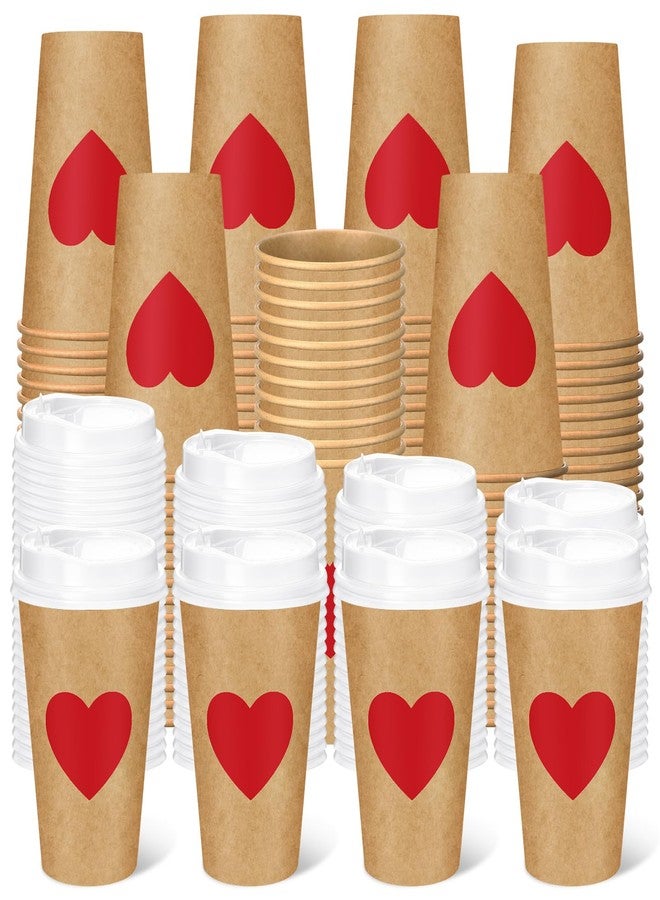 Remerry 100 Pcs 12 oz Red Heart Disposable Coffee Cups with Lids, Red Heart Coffee Cups Craft Paper Beverage Hot Chocolate Container for Birthday Wedding Anniversary Party Supplies - Image 1
