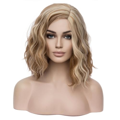 BERON Blonde Brown 14 Wigs for Women Girls Short Curly Wavy Wig 35 cm Side Part Shoulder Length Hair Funny 14 Highlights Color Wig Heat Resistant Synthetic Cosplay Daily Party Wigs