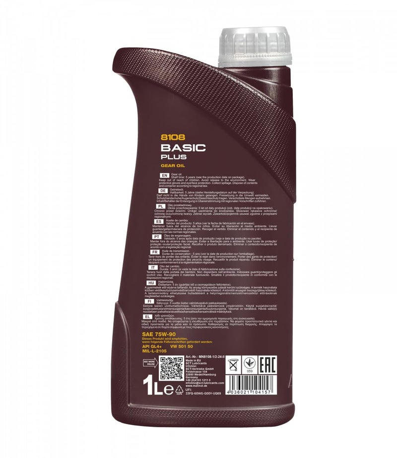 MANNOL 8108 BASIC PLUS FULLY SYNTHETIC GEAR OIL SAE 75W-90 API GL4+, MIL-L-2105 IMPORTED FROM GERMANY (1l) - Image 2