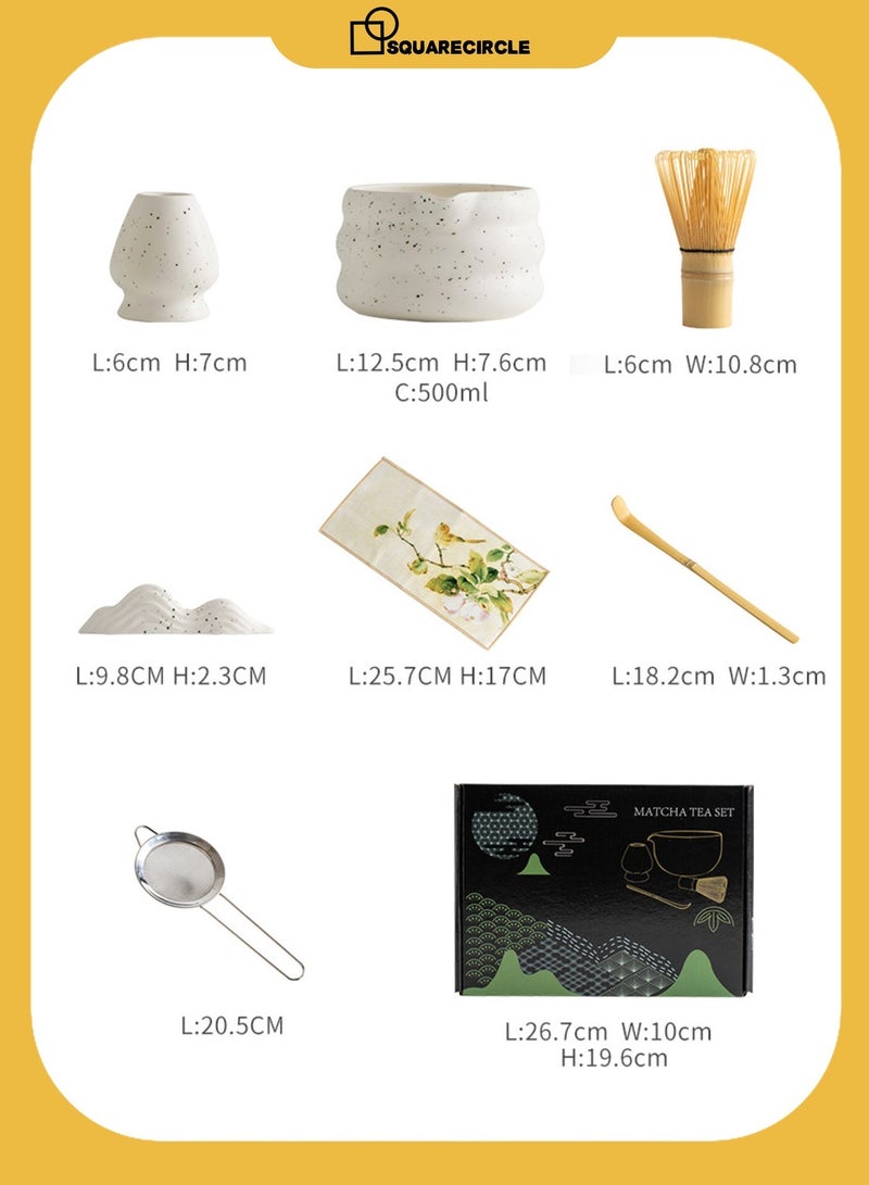 دائرة مربعة طقم ماتشا ياباني مكون من 7 قطع، وعاء ماتشا سيراميكي + حامل خفق + خفق من الخيزران + ملعقة + حصيرة + حامل ملعقة + منخل شاي من الفولاذ المقاوم للصدأ، لحفل الشاي التقليدي - مجموعة ماتشا سيراميكية مثالية مصنوعة يدويًا لإعداد شاي ماتشا التقليدي، مجموعة هدايا ماتشا طبيعية 100% (أبيض) - Image 3