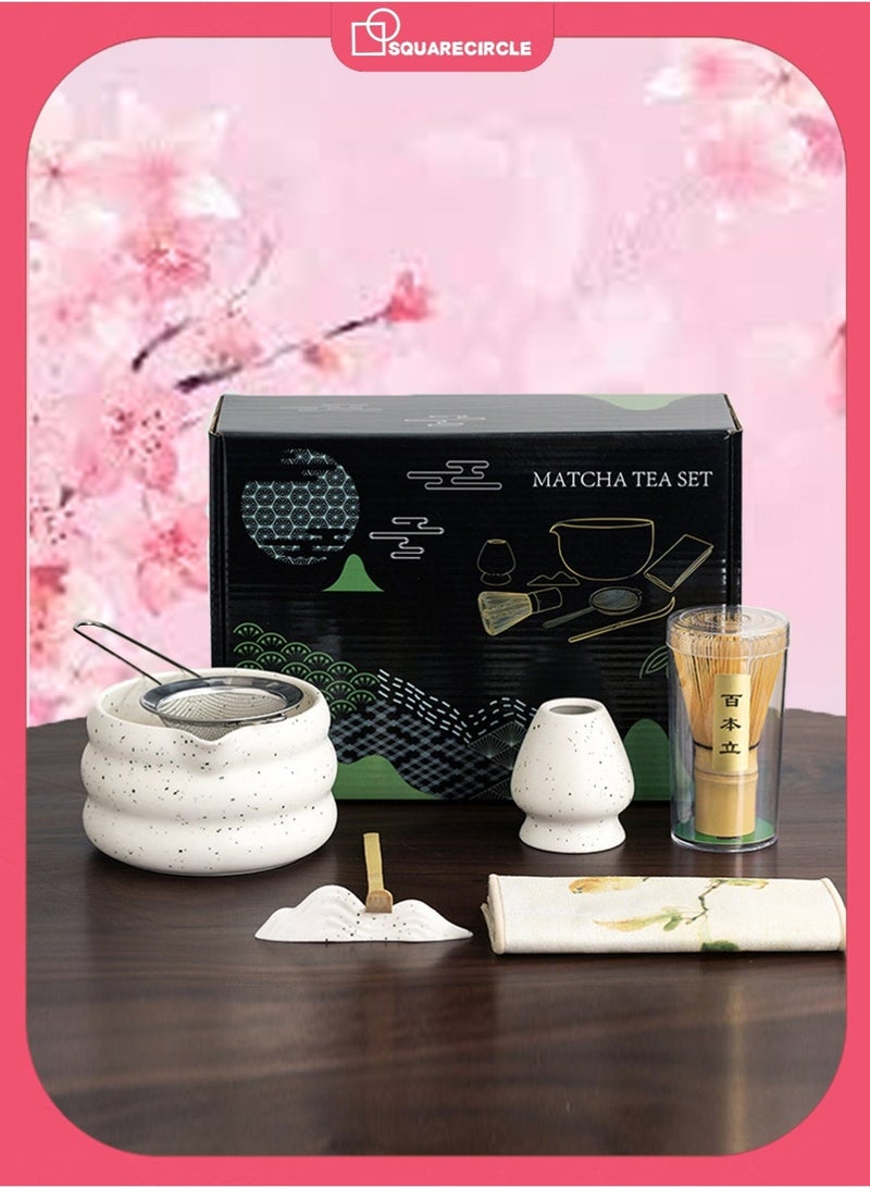 دائرة مربعة طقم ماتشا ياباني مكون من 7 قطع، وعاء ماتشا سيراميكي + حامل خفق + خفق من الخيزران + ملعقة + حصيرة + حامل ملعقة + منخل شاي من الفولاذ المقاوم للصدأ، لحفل الشاي التقليدي - مجموعة ماتشا سيراميكية مثالية مصنوعة يدويًا لإعداد شاي ماتشا التقليدي، مجموعة هدايا ماتشا طبيعية 100% (أبيض) - Image 1