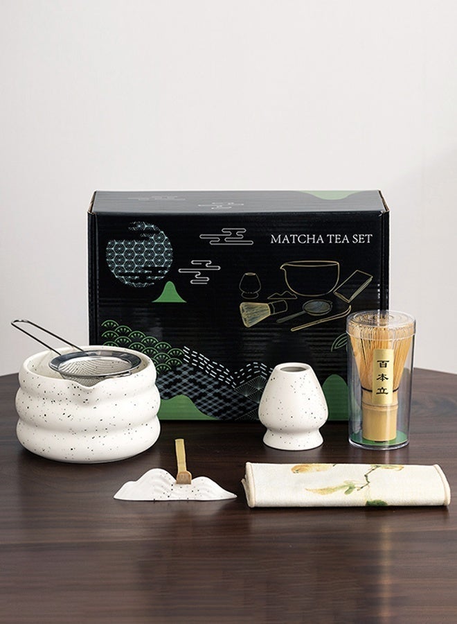 دائرة مربعة طقم ماتشا ياباني مكون من 7 قطع، وعاء ماتشا سيراميكي + حامل خفق + خفق من الخيزران + ملعقة + حصيرة + حامل ملعقة + منخل شاي من الفولاذ المقاوم للصدأ، لحفل الشاي التقليدي - مجموعة ماتشا سيراميكية مثالية مصنوعة يدويًا لإعداد شاي ماتشا التقليدي، مجموعة هدايا ماتشا طبيعية 100% (أبيض) - Image 4