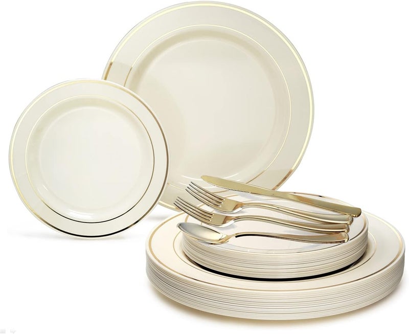 OCCASIONS FINEST PLASTIC TABLEWARE " OCCASIONS " 150pcs set (25 Guests)- Disposable Heavyweight DinnerwareWedding Plastic Plates & cutlery - 10.5'', 7.5'' + Silverware w/double fork (Ivory & Gold Rim) - Image 1