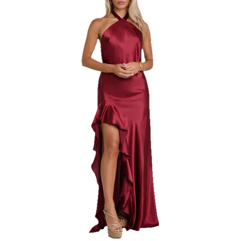 Satin Tie Neck Side Slit Long Evening Dress with Ruffle Hem - Image 5