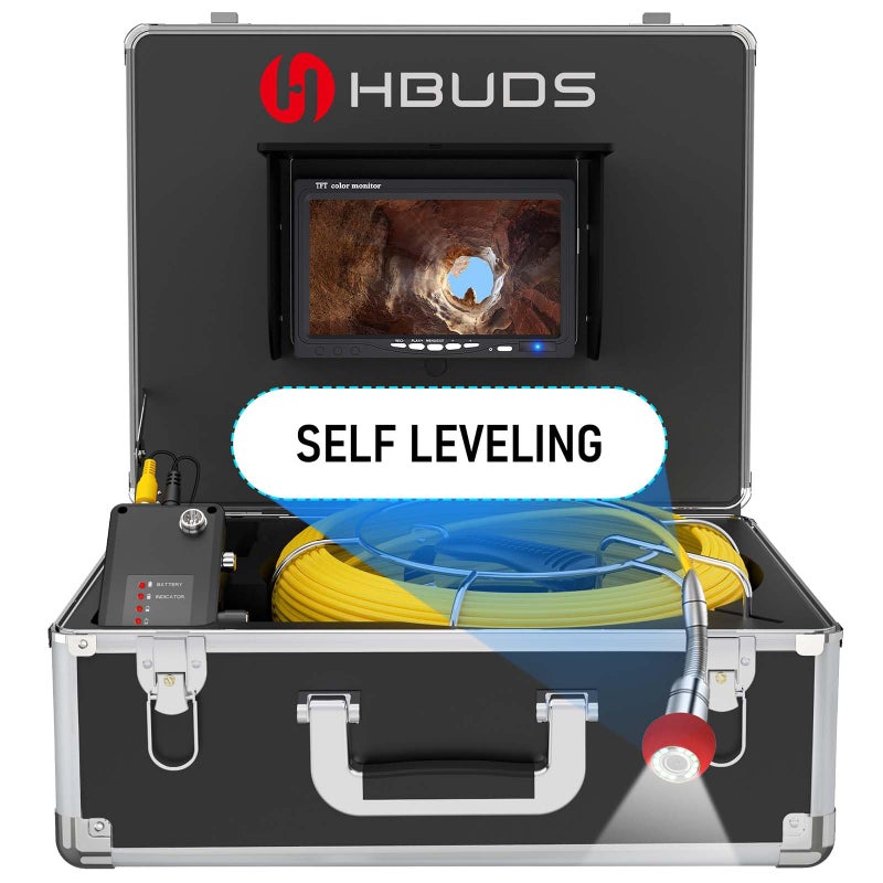 HBUDS Sewer Camera Self Leveling 100ft Drain Pipe Cameras with Meter Counter 12V 4500mAh Battery Plumbing Snake Camera with Light 7 Color HD Duct Chimney Sewer Inspection Cam DVR Recorder 16GB